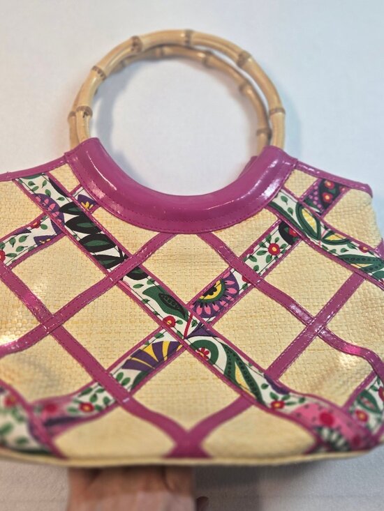 Vera Bradley Handbags - Vintage 90s Pink Vera Bradley Bamboo Handle Tote Bag with Floral Lining
